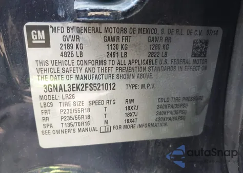 2015 Chevrolet Captiva Sport Lt z USA, uszkodzony, nr VIN 3GNAL3EK2FS521012